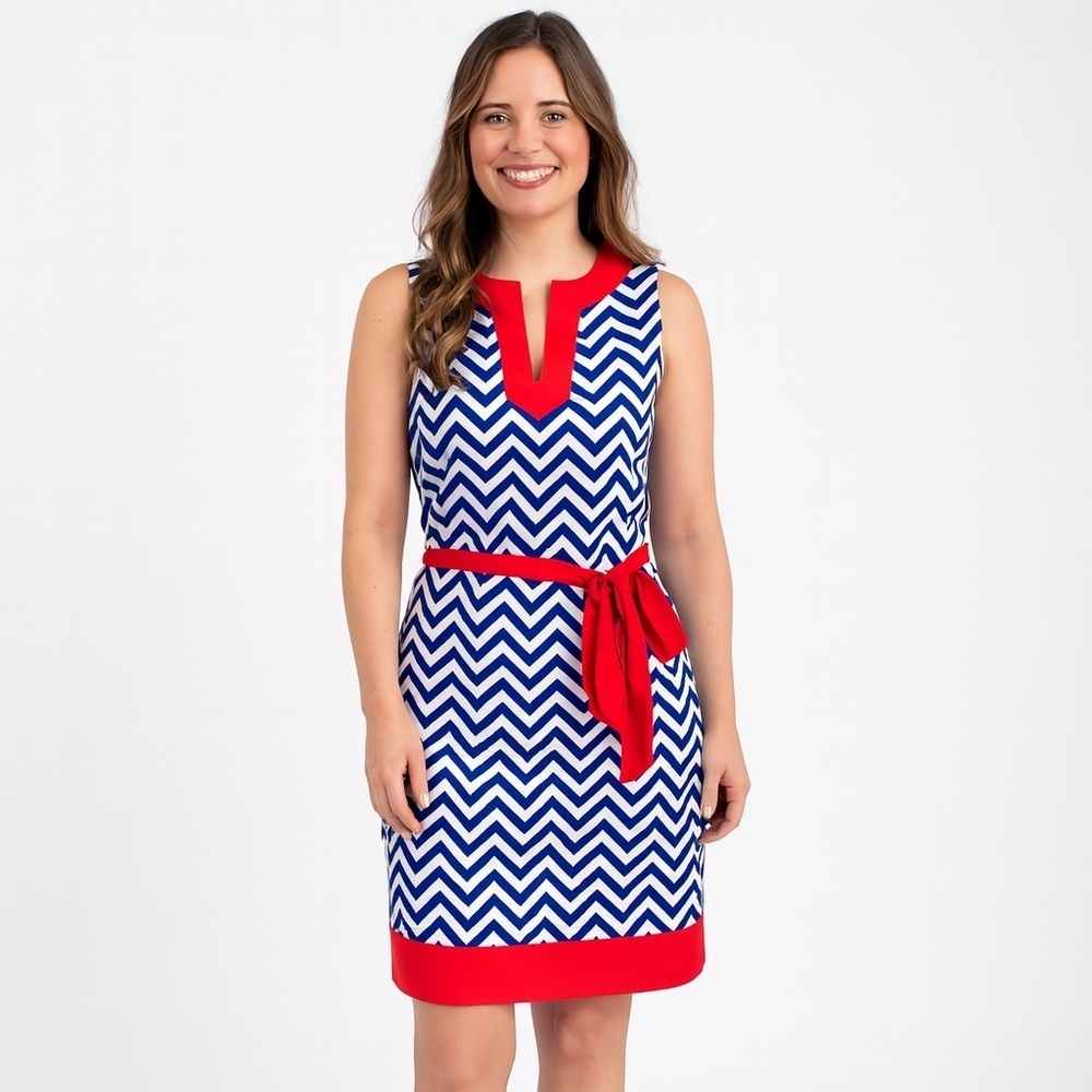 Mud Pie Red Trim Chevron Knee Length Dress Size L | 4011